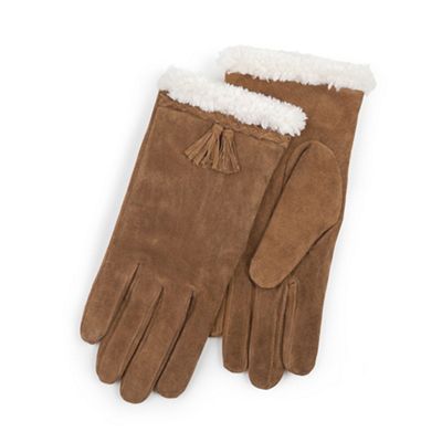 Isotoner Ladies Tan Genuine Suede Glove with Plait & Tassel